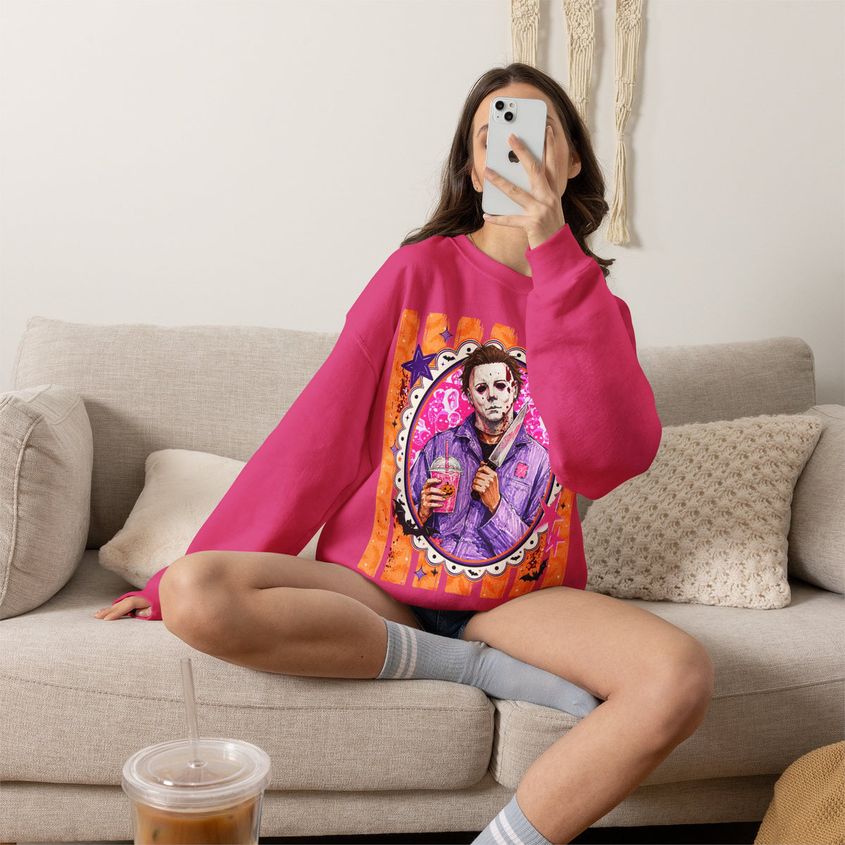 Horror Portrait Crewneck Sweatshirt — Retro Masked Slasher Design