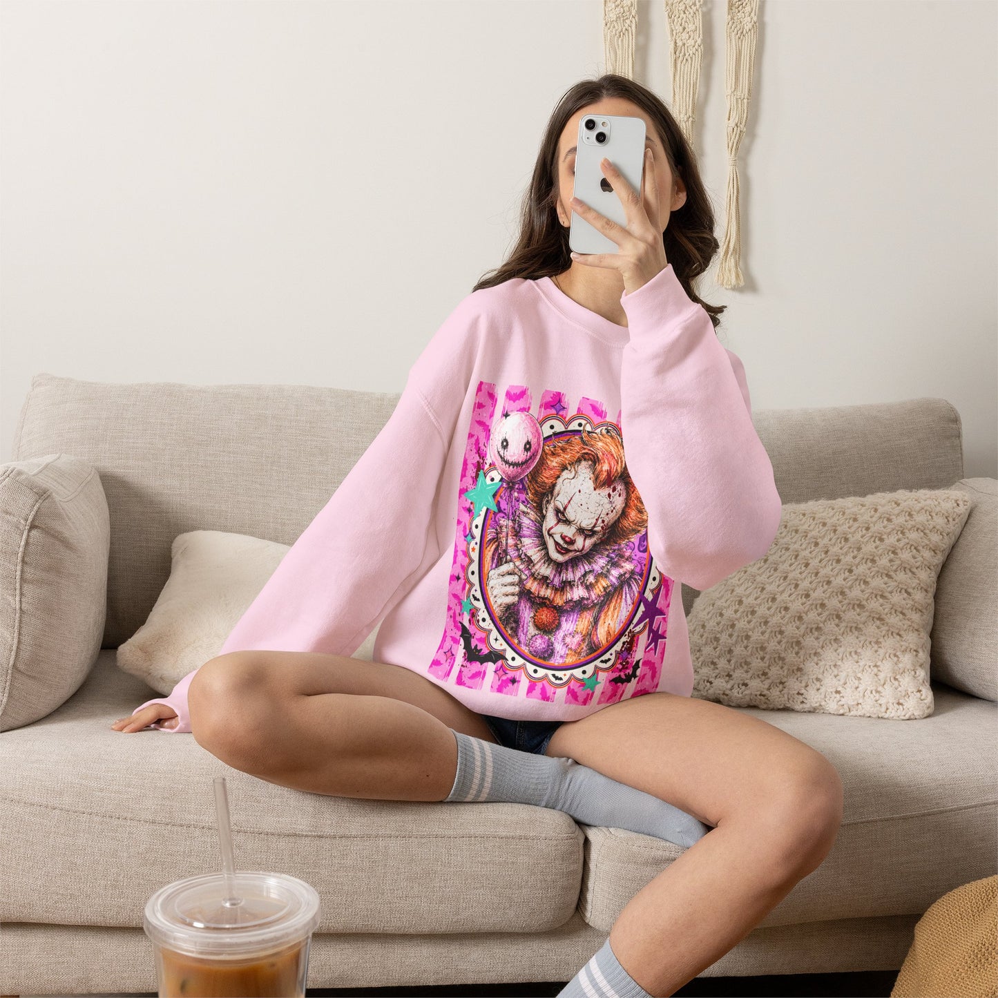 Creepy Carnival Clown Sweatshirt — Pink Horror Portrait Crewneck