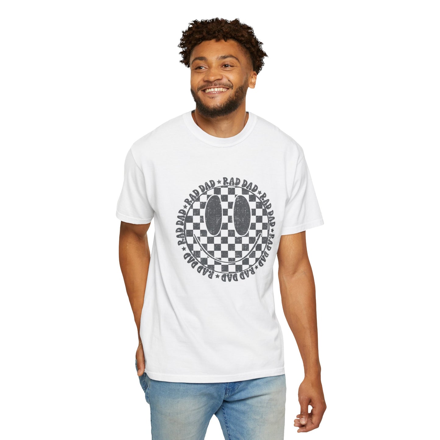 Dad Smiley Checkerboard T-Shirt — 'RAD DAD' Retro Graphic Tee