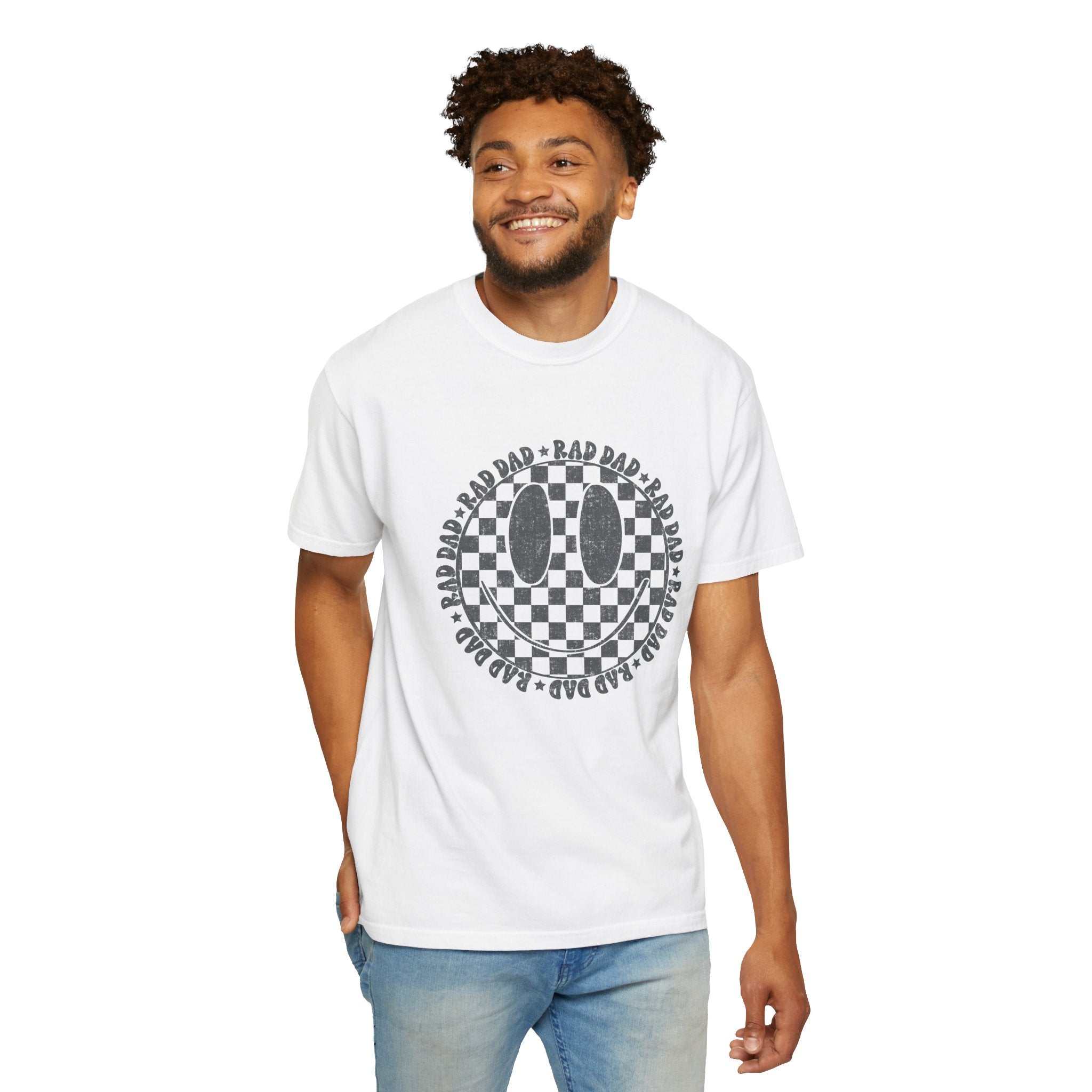 Dad Smiley Checkerboard T-Shirt — 'RAD DAD' Retro Graphic Tee
