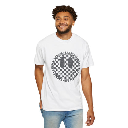 Dad Smiley Checkerboard T-Shirt — 'RAD DAD' Retro Graphic Tee