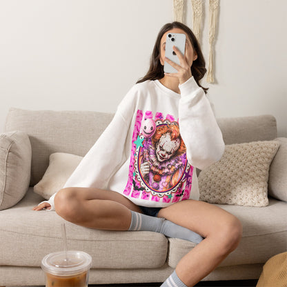 Creepy Carnival Clown Sweatshirt — Pink Horror Portrait Crewneck