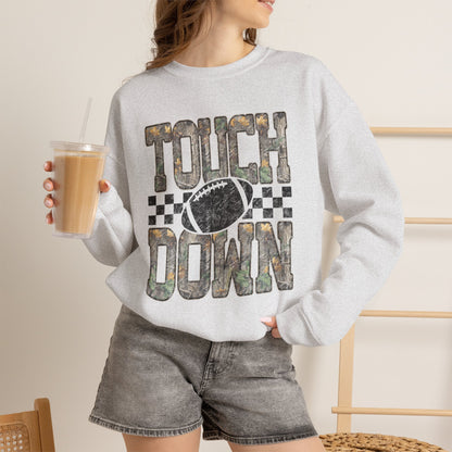 Touchdown Football Crewneck Sweatshirt — Camo Lettering & Checkered Design