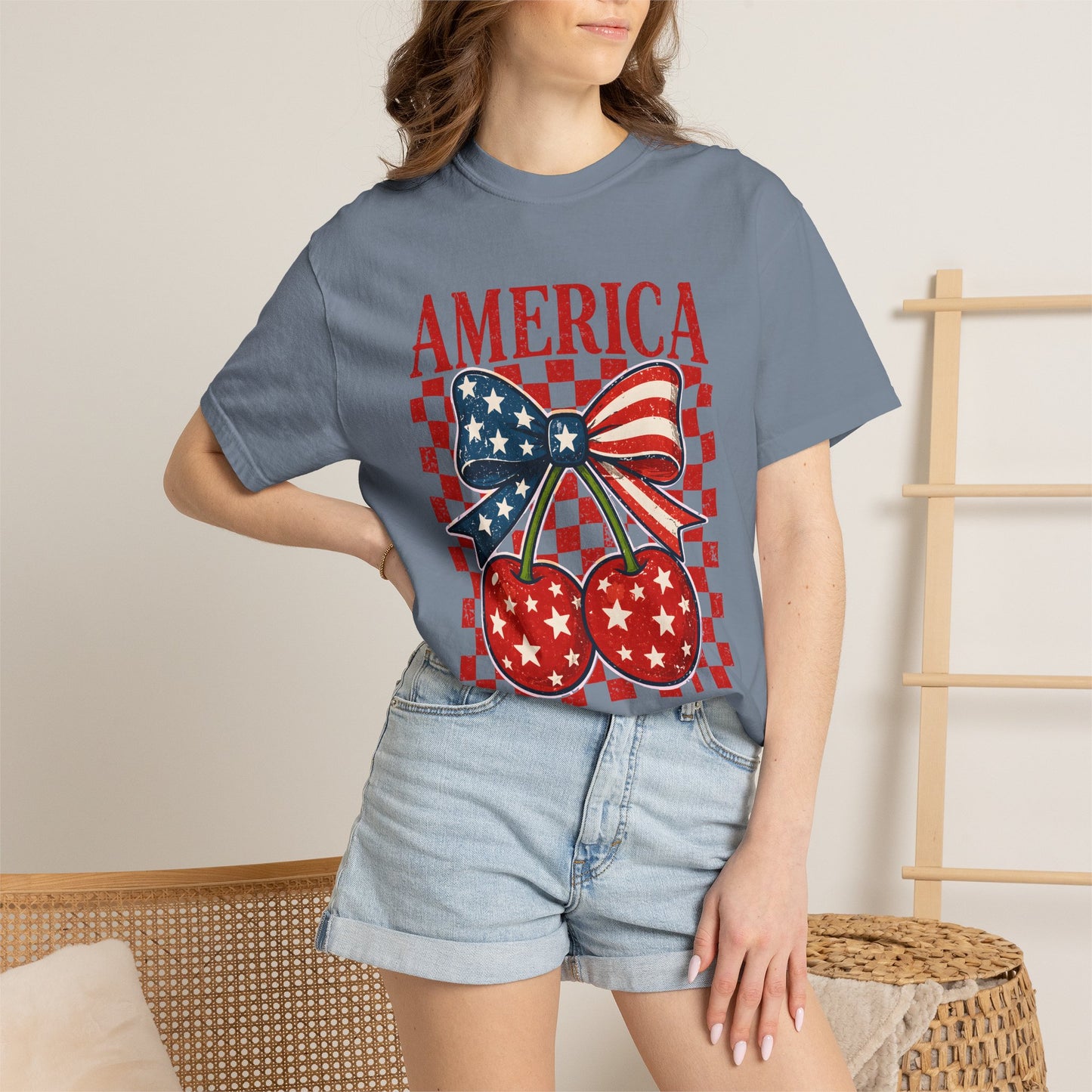 America Cherry Graphic T-Shirt — Patriotic USA Bow & Stars Fourth of July Tee