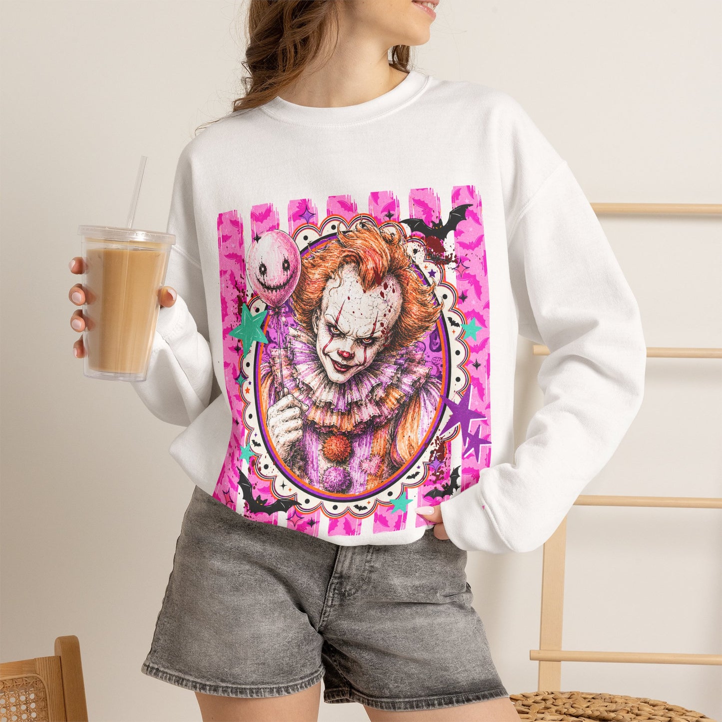 Creepy Carnival Clown Sweatshirt — Pink Horror Portrait Crewneck