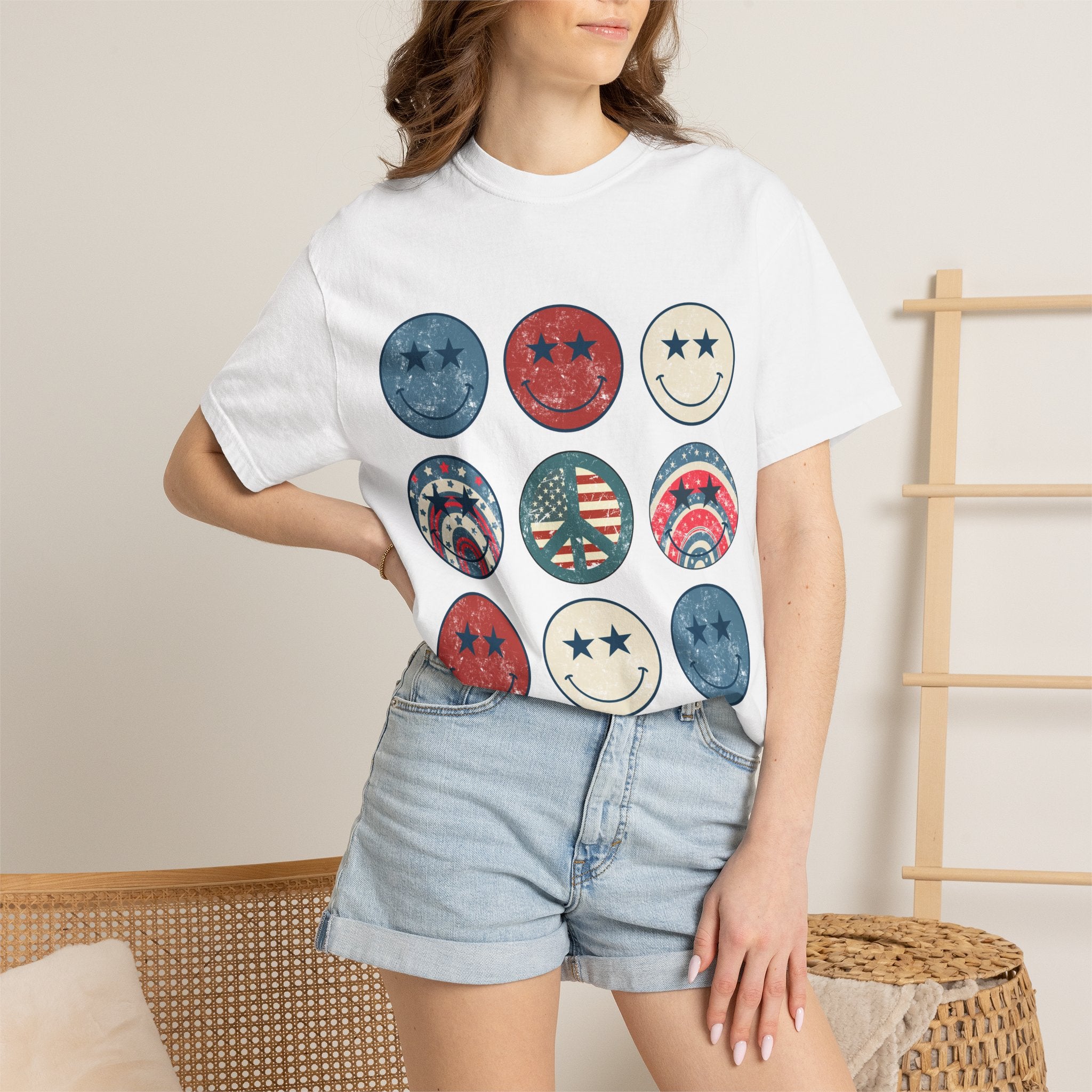 Patriotic Smiley Face T-Shirt — Vintage Americana Stars & Stripes Tee for 4th of July