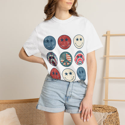 Patriotic Smiley Face T-Shirt — Vintage Americana Stars & Stripes Tee for 4th of July