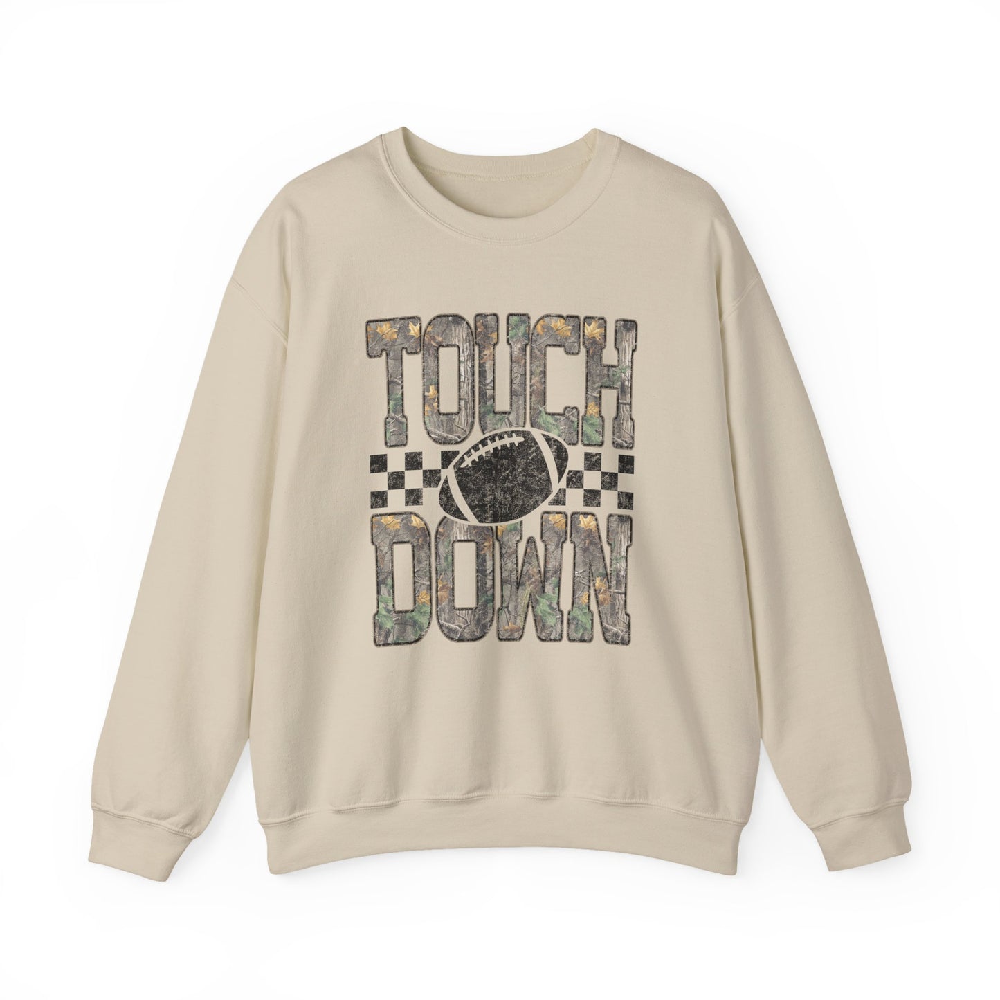 Touchdown Football Crewneck Sweatshirt — Camo Lettering & Checkered Design