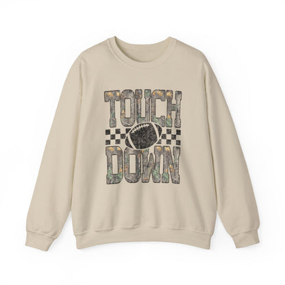 Touchdown Football Crewneck Sweatshirt — Camo Lettering & Checkered Design