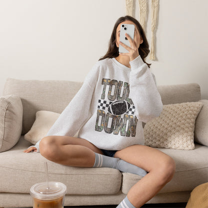 Touchdown Football Crewneck Sweatshirt — Camo Lettering & Checkered Design