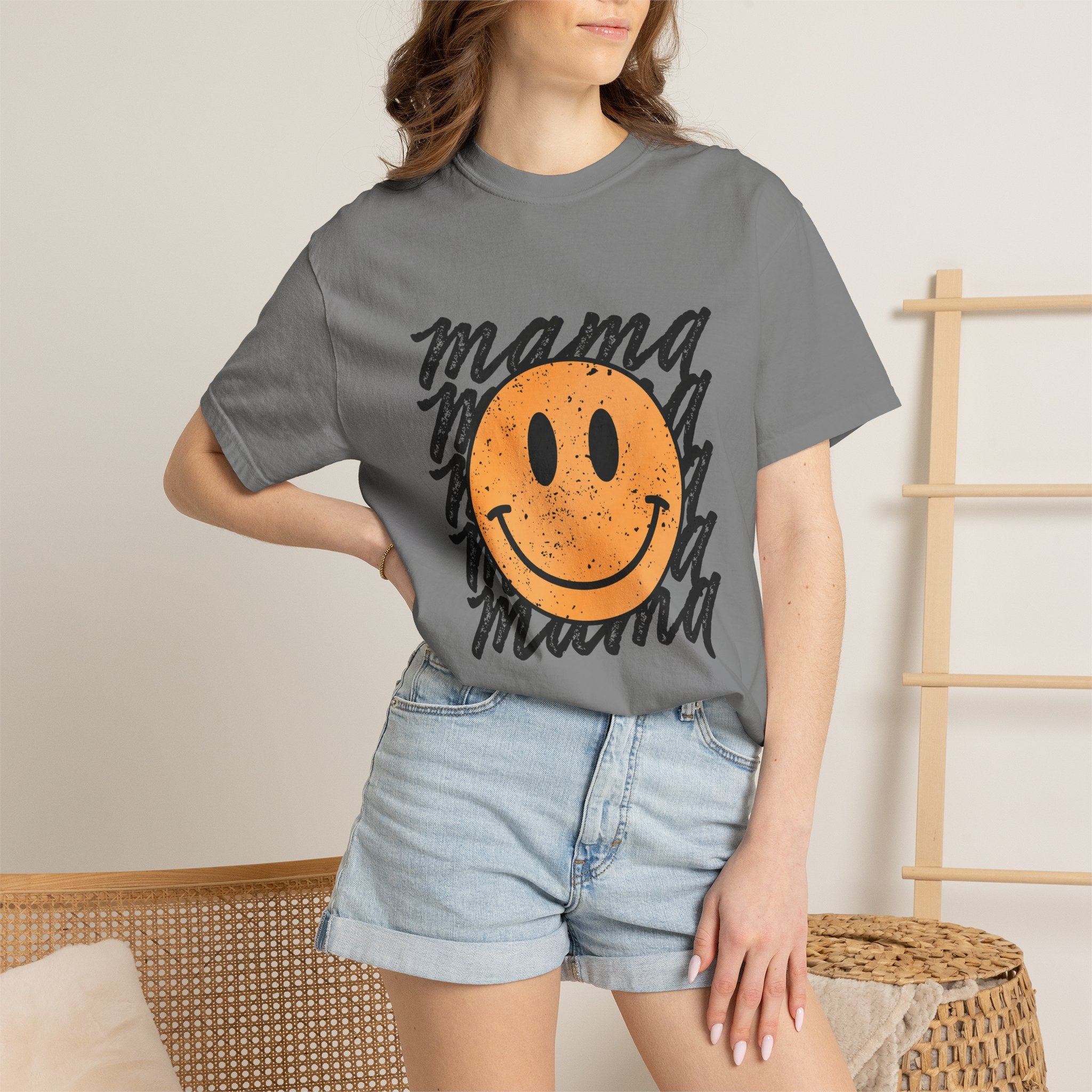 Mama Smiley T-Shirt — Retro Distressed Smiley Face Graphic for Moms