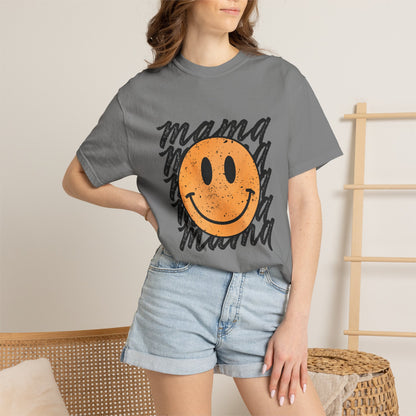 Mama Smiley T-Shirt — Retro Distressed Smiley Face Graphic for Moms