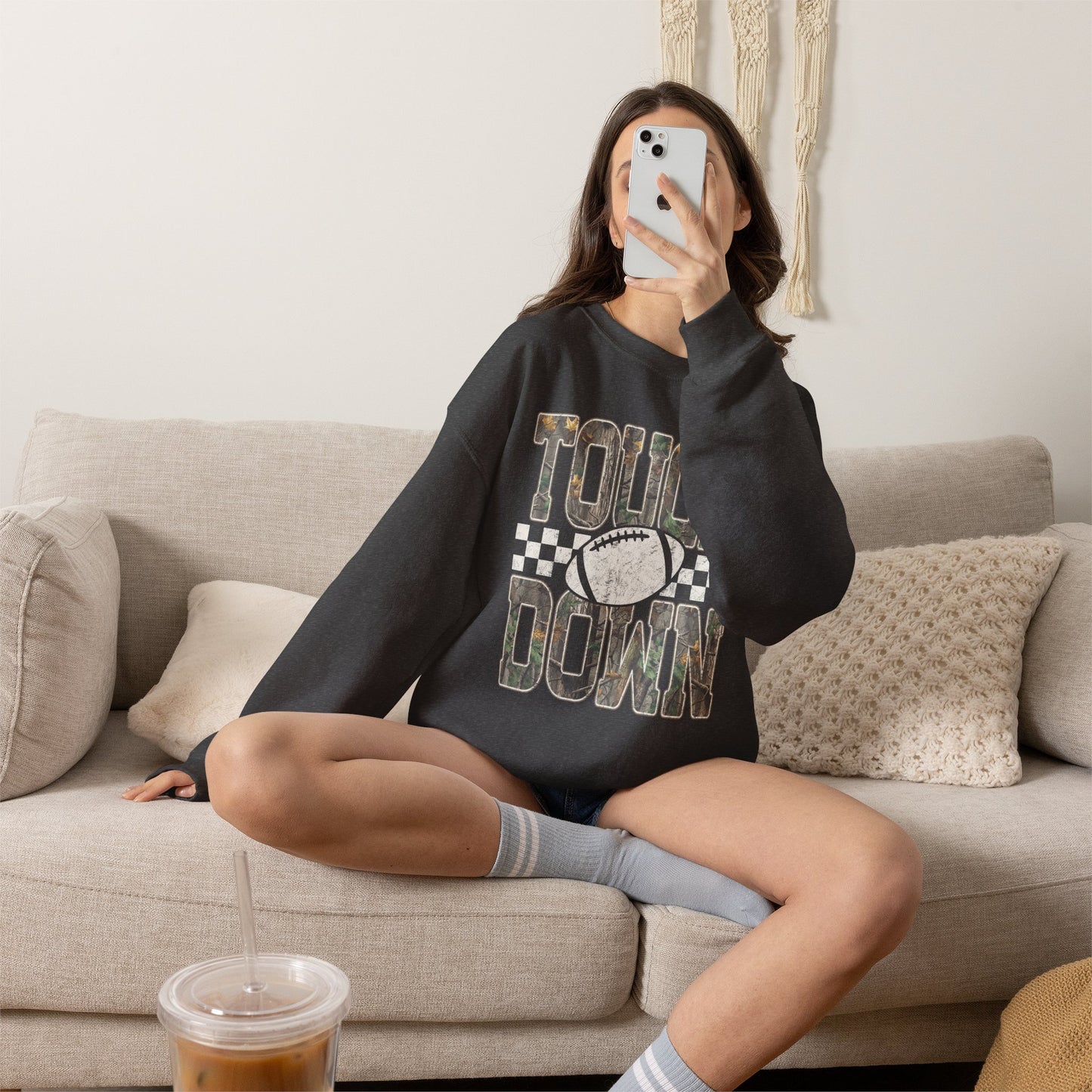 Touchdown Football Crewneck Sweatshirt — Vintage Camo Checkerboard