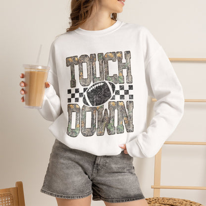 Touchdown Football Crewneck Sweatshirt — Camo Lettering & Checkered Design