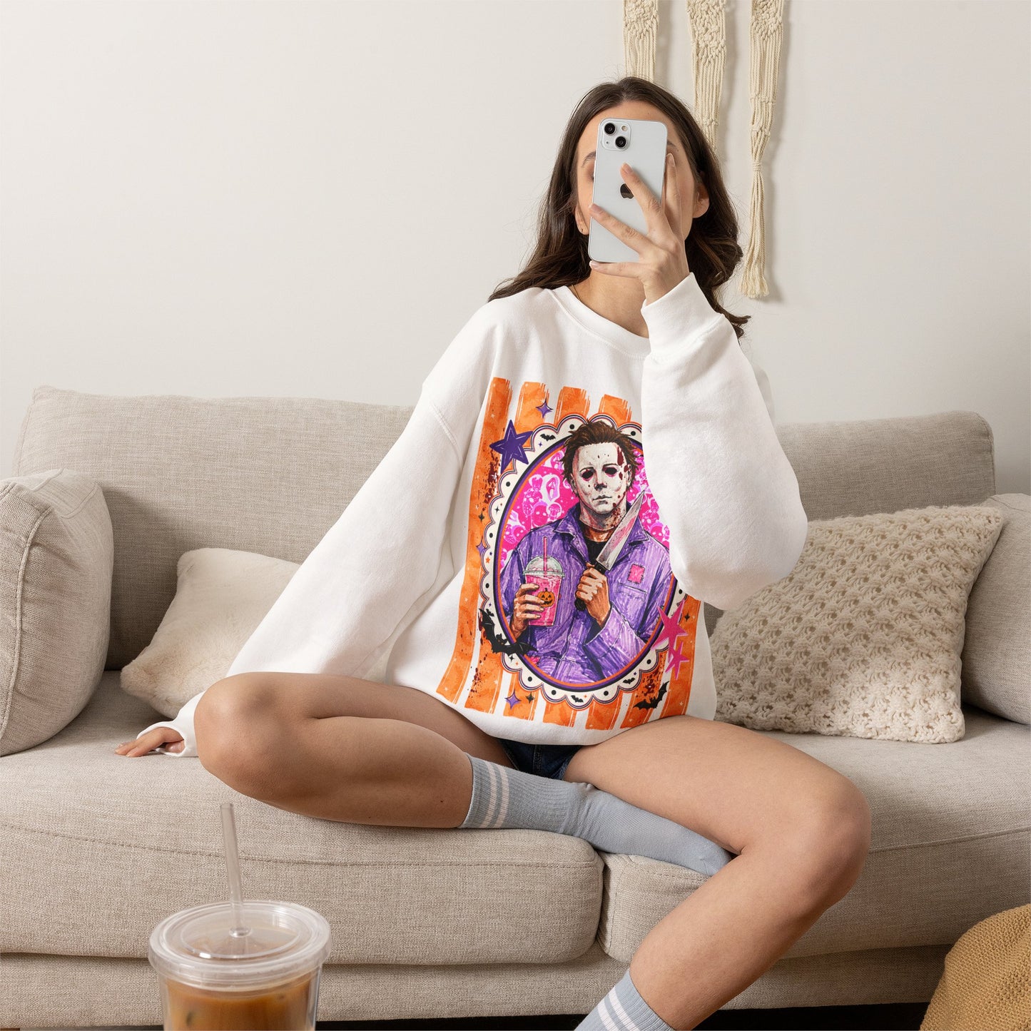Horror Portrait Crewneck Sweatshirt — Retro Masked Slasher Design