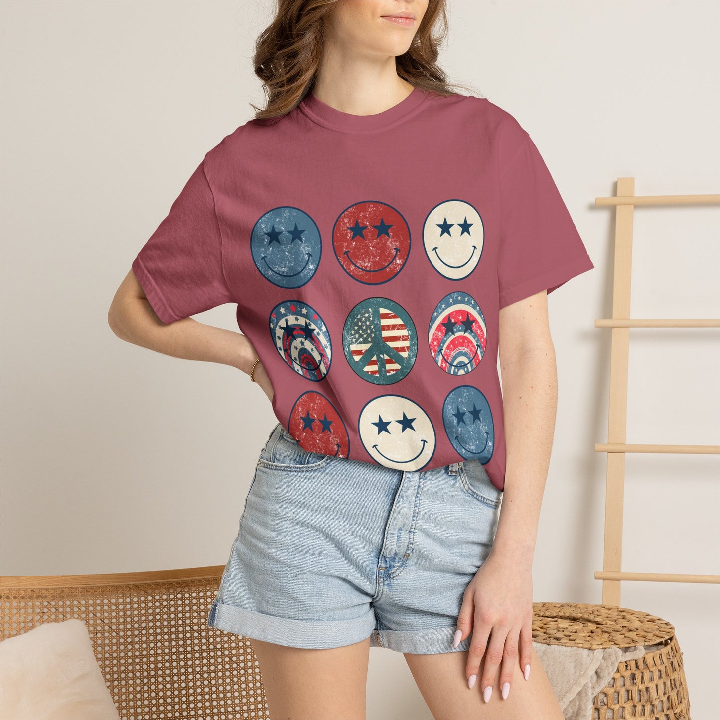 Patriotic Smiley Face T-Shirt — Vintage Americana Stars & Stripes Tee for 4th of July
