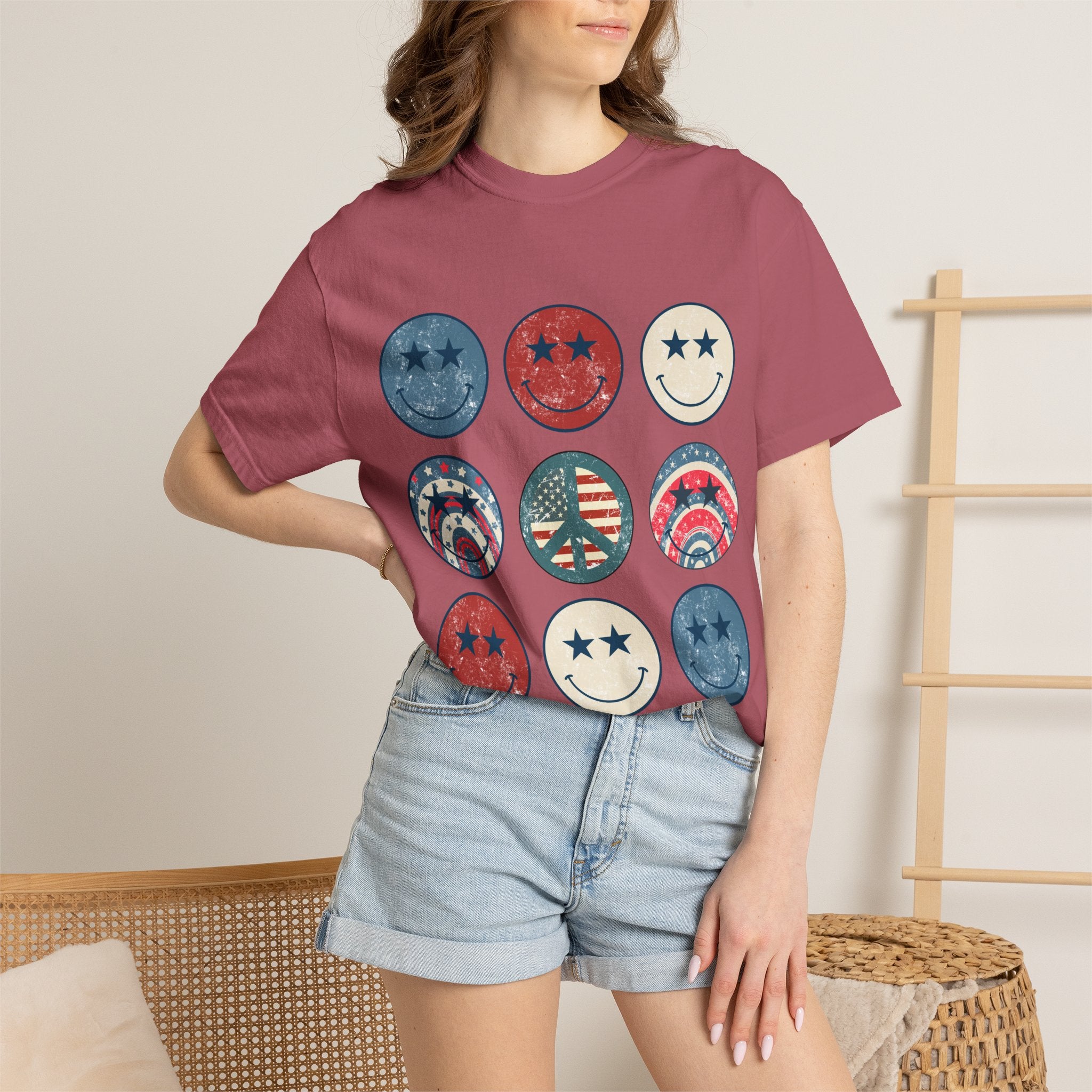 Patriotic Smiley Face T-Shirt — Vintage Americana Stars & Stripes Tee for 4th of July