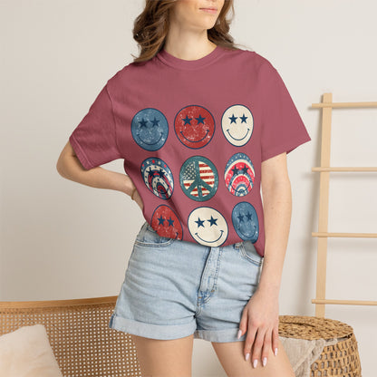 Patriotic Smiley Face T-Shirt — Vintage Americana Stars & Stripes Tee for 4th of July