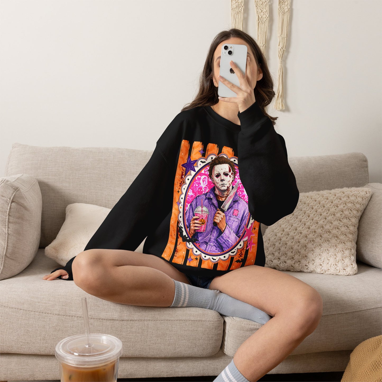 Horror Portrait Crewneck Sweatshirt — Retro Masked Slasher Design