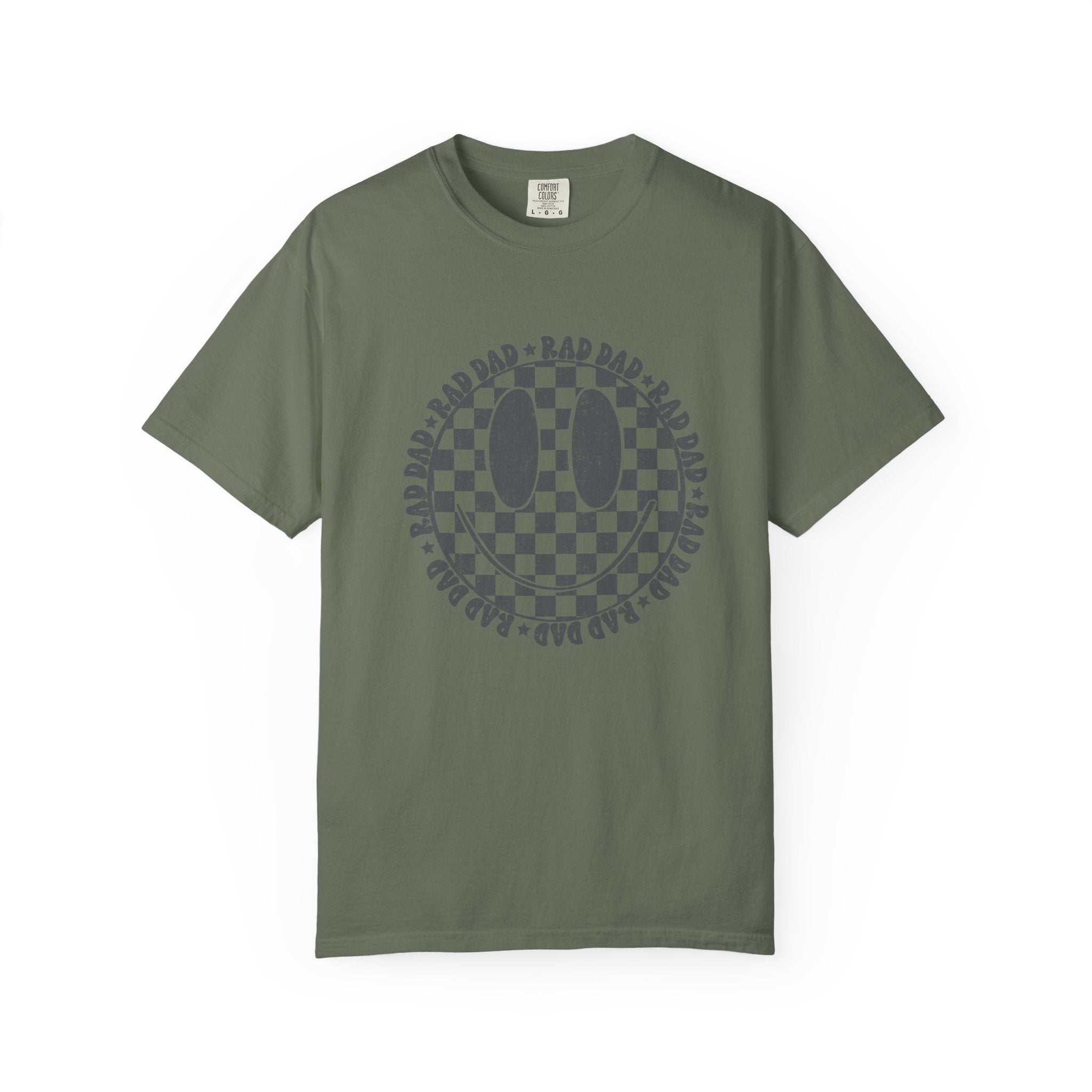 Dad Smiley Checkerboard T-Shirt — 'RAD DAD' Retro Graphic Tee