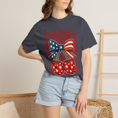 America Cherry Graphic T-Shirt — Patriotic USA Bow & Stars Fourth of July Tee