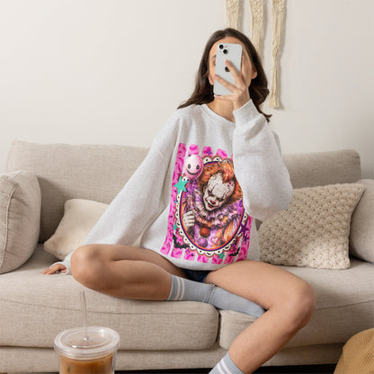 Creepy Carnival Clown Sweatshirt — Pink Horror Portrait Crewneck