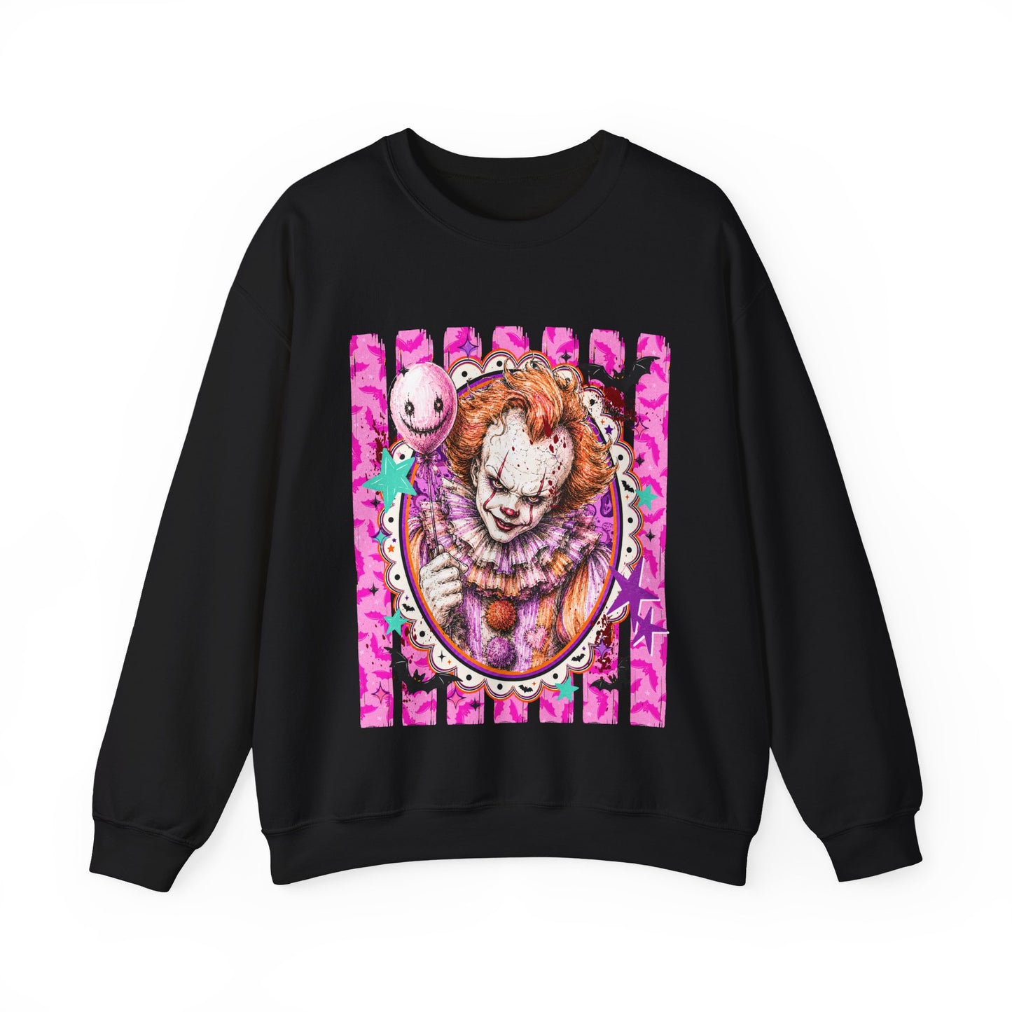 Creepy Carnival Clown Sweatshirt — Pink Horror Portrait Crewneck