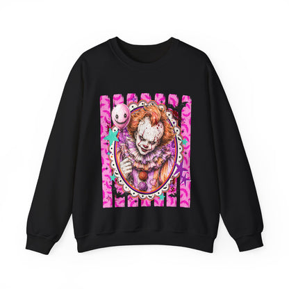 Creepy Carnival Clown Sweatshirt — Pink Horror Portrait Crewneck
