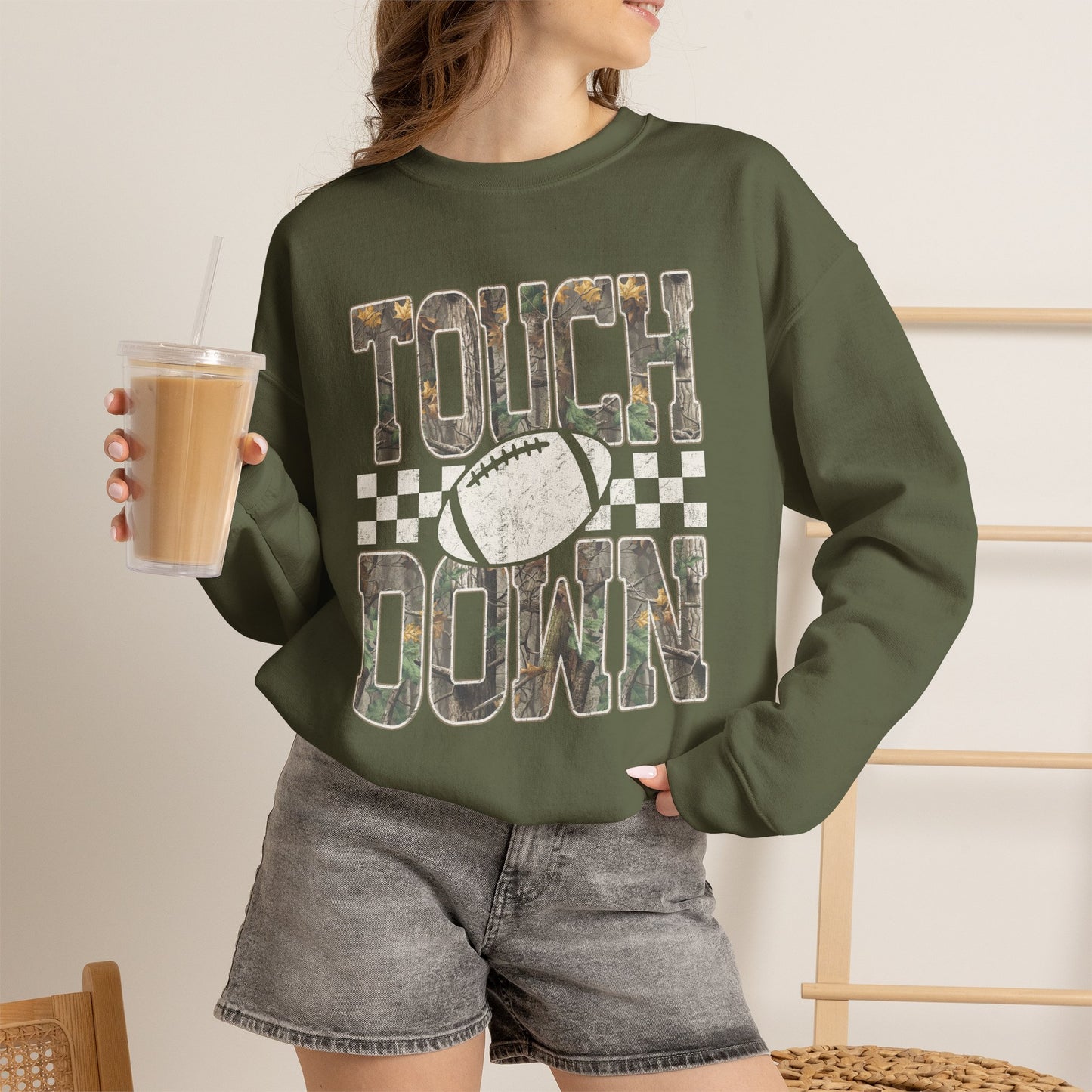 Touchdown Football Crewneck Sweatshirt — Vintage Camo Checkerboard