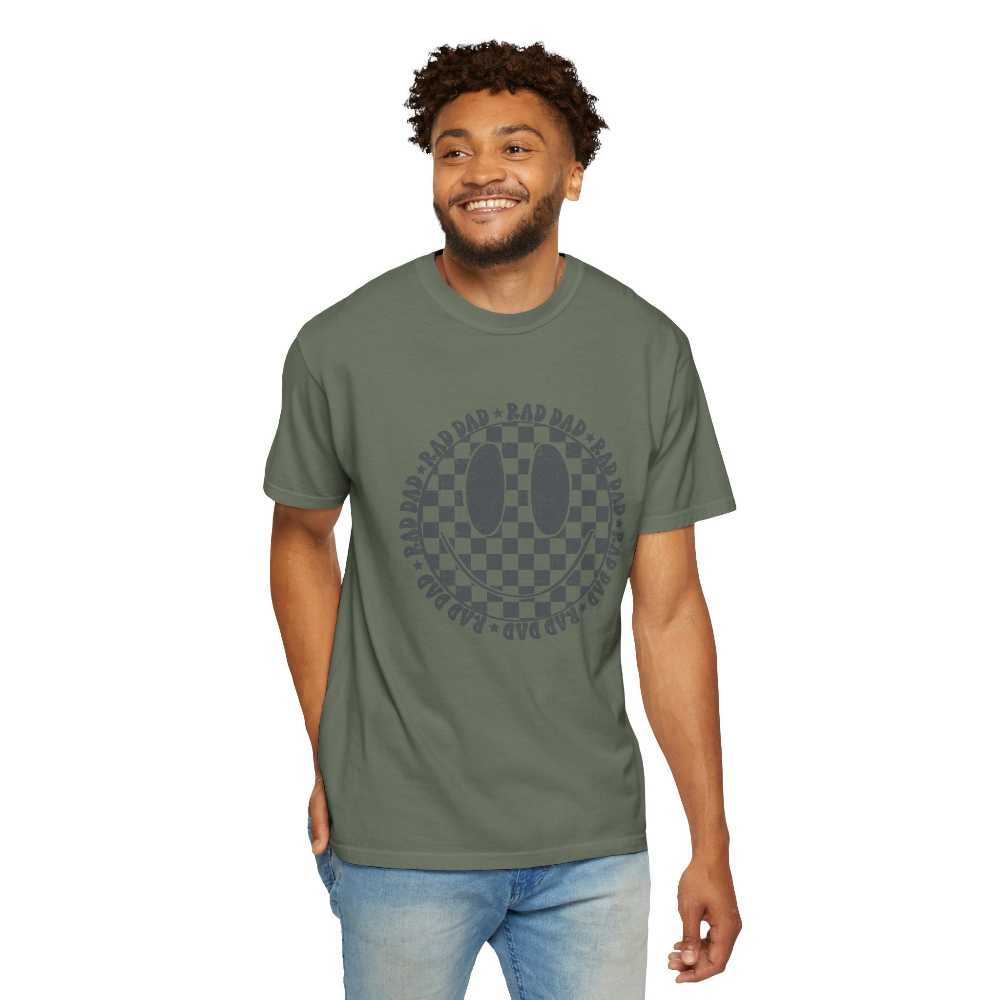 Dad Smiley Checkerboard T-Shirt — 'RAD DAD' Retro Graphic Tee