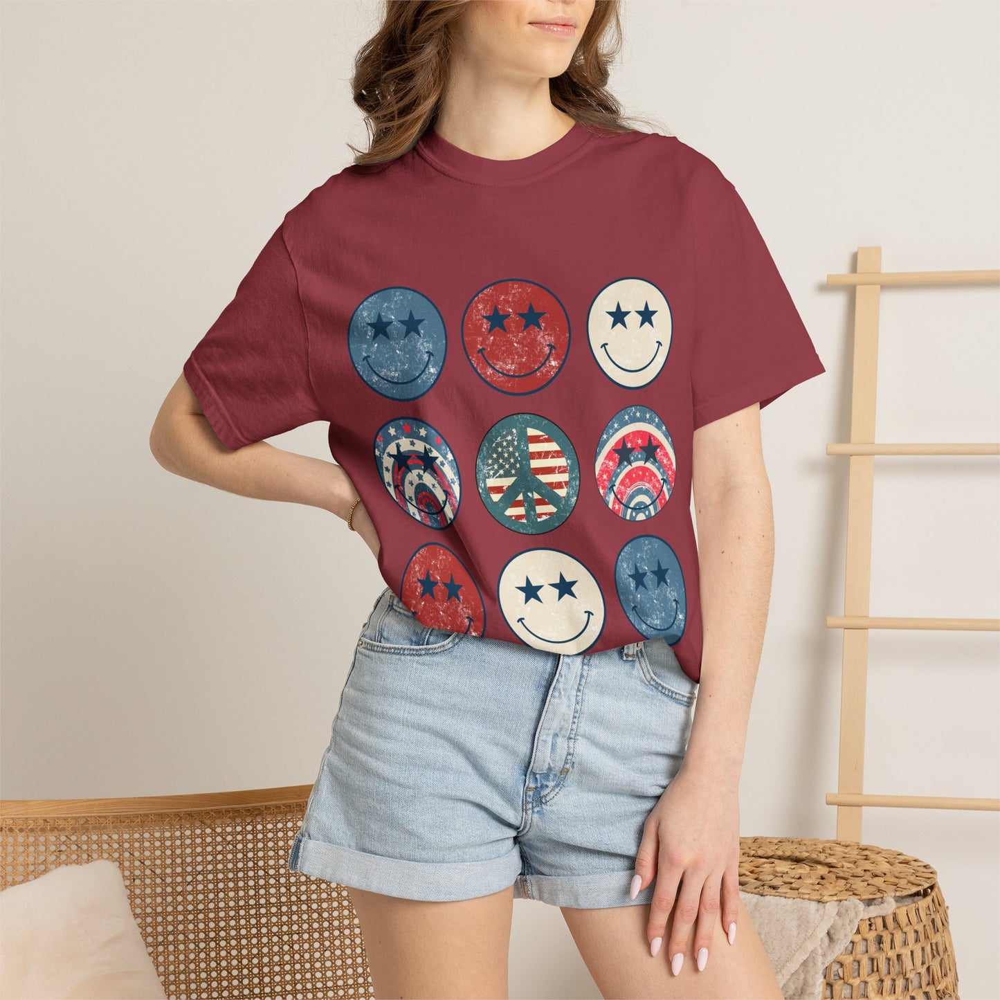 Patriotic Smiley Face T-Shirt — Vintage Americana Stars & Stripes Tee for 4th of July