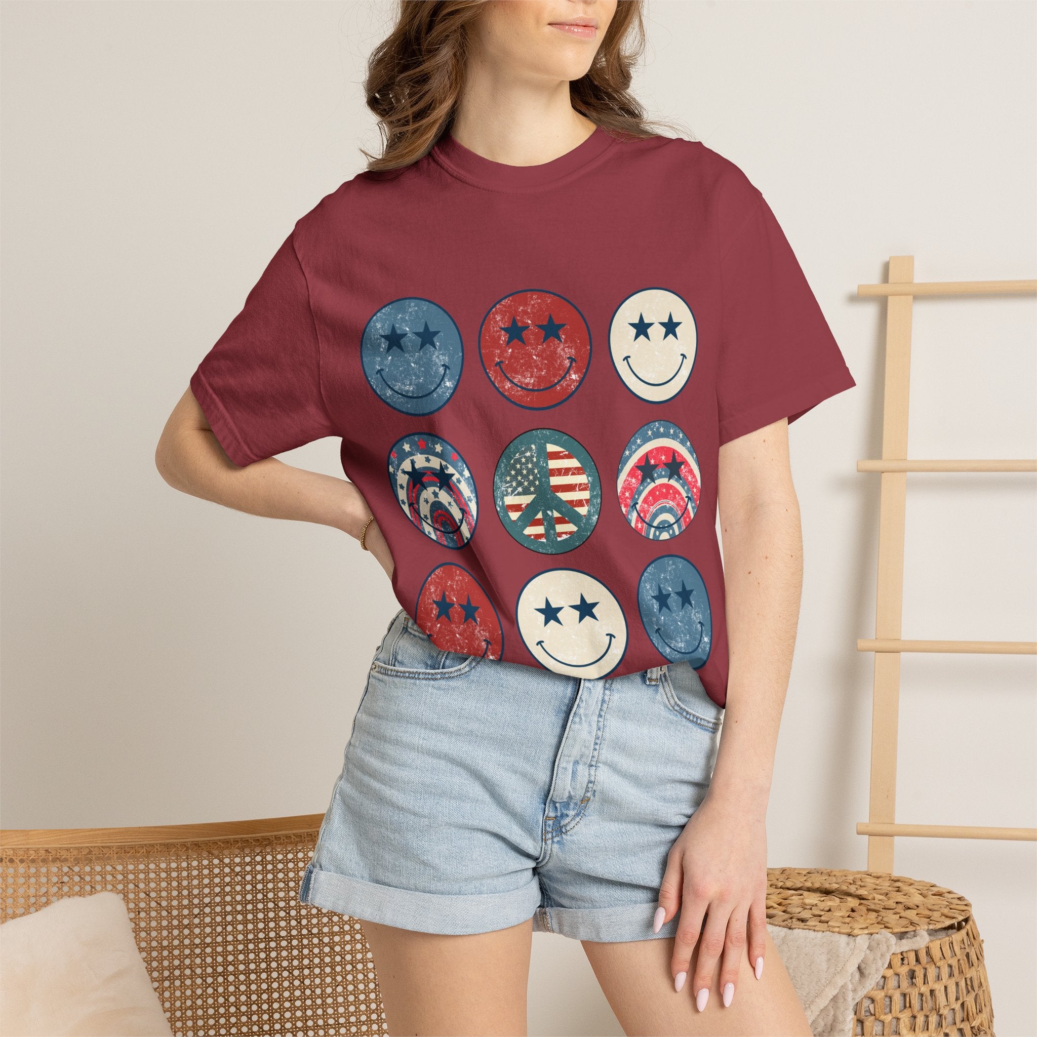 Patriotic Smiley Face T-Shirt — Vintage Americana Stars & Stripes Tee for 4th of July