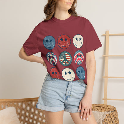 Patriotic Smiley Face T-Shirt — Vintage Americana Stars & Stripes Tee for 4th of July