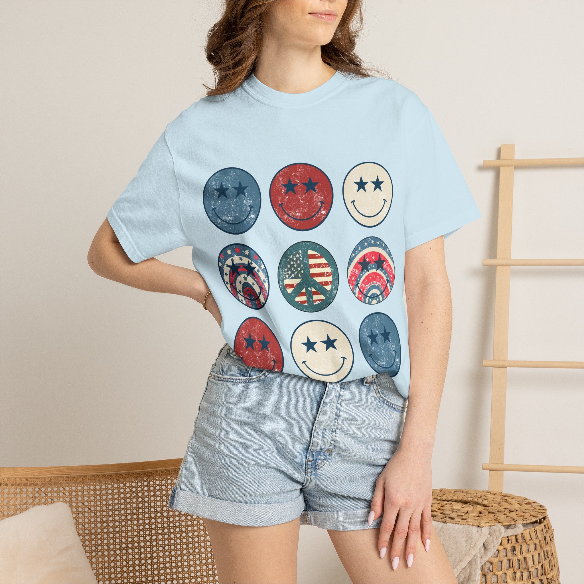 Patriotic Smiley Face T-Shirt — Vintage Americana Stars & Stripes Tee for 4th of July
