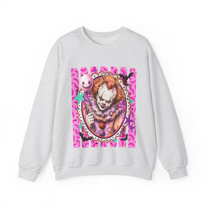 Creepy Carnival Clown Sweatshirt — Pink Horror Portrait Crewneck