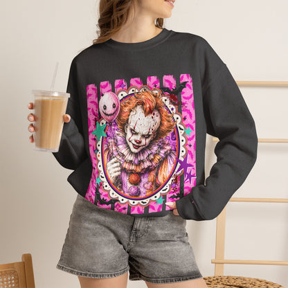 Creepy Carnival Clown Sweatshirt — Pink Horror Portrait Crewneck