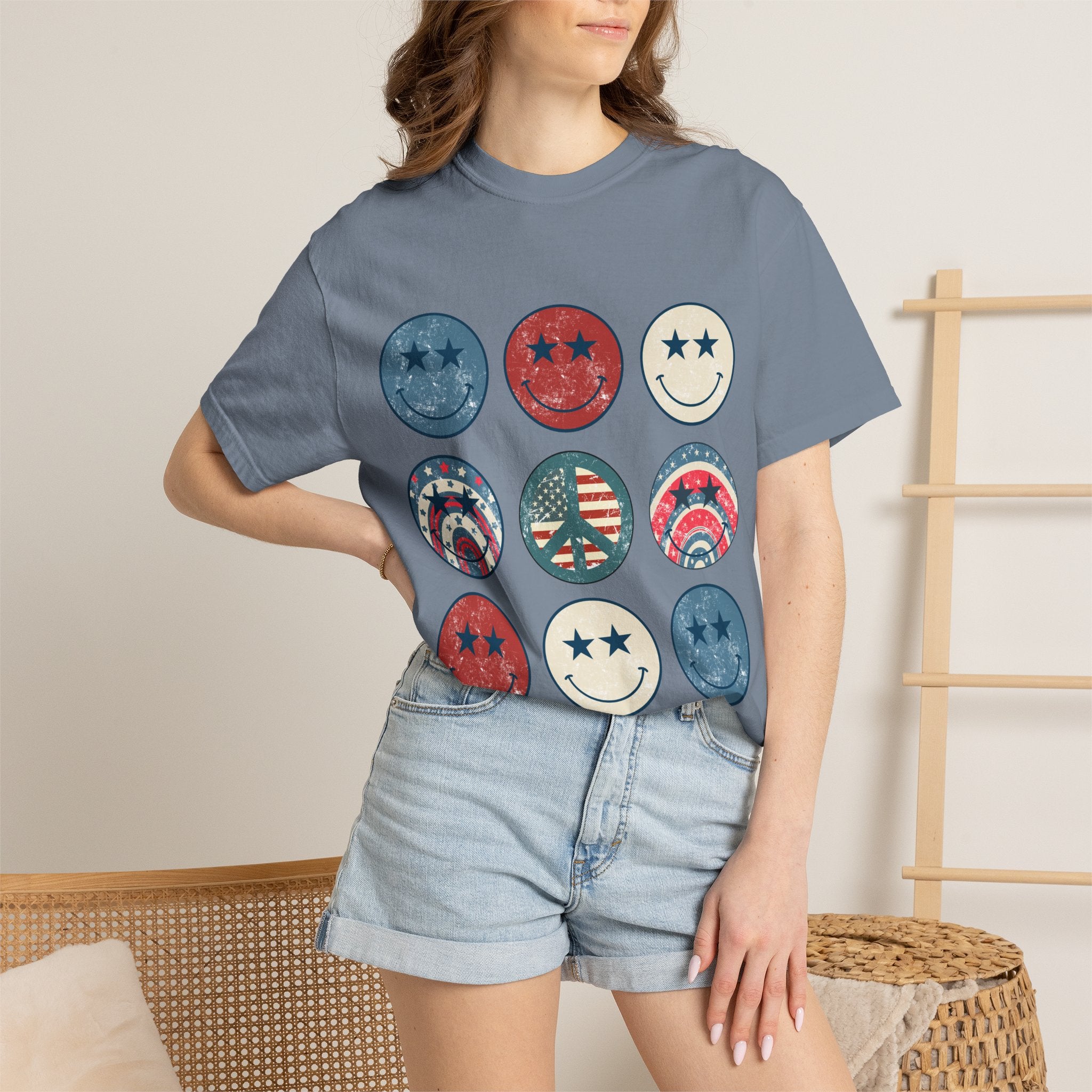 Patriotic Smiley Face T-Shirt — Vintage Americana Stars & Stripes Tee for 4th of July