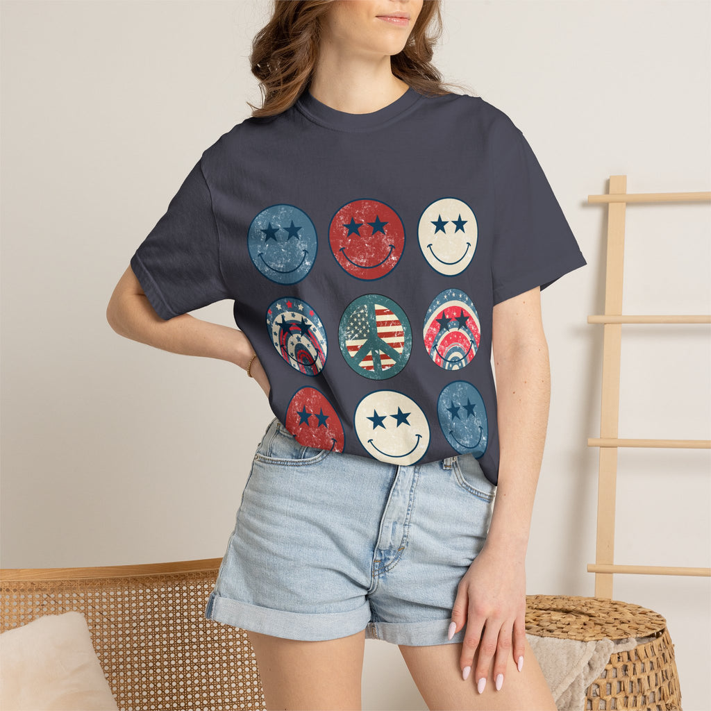 Patriotic Smiley Face T-Shirt — Vintage Americana Stars & Stripes Tee for 4th of July