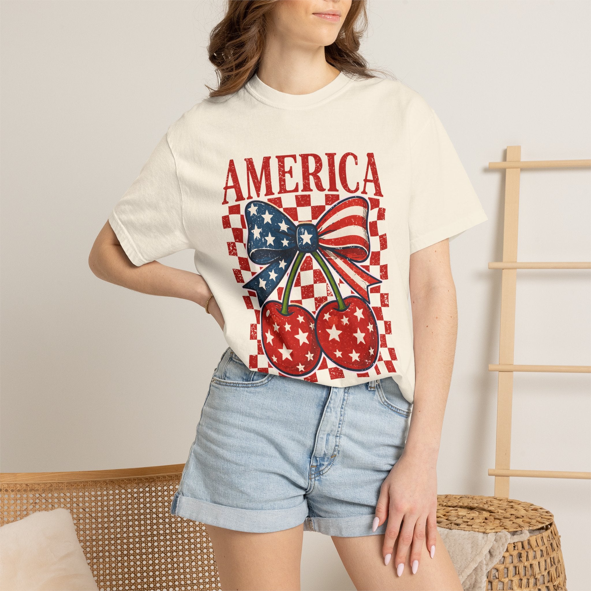 America Cherry Graphic T-Shirt — Patriotic USA Bow & Stars Fourth of July Tee