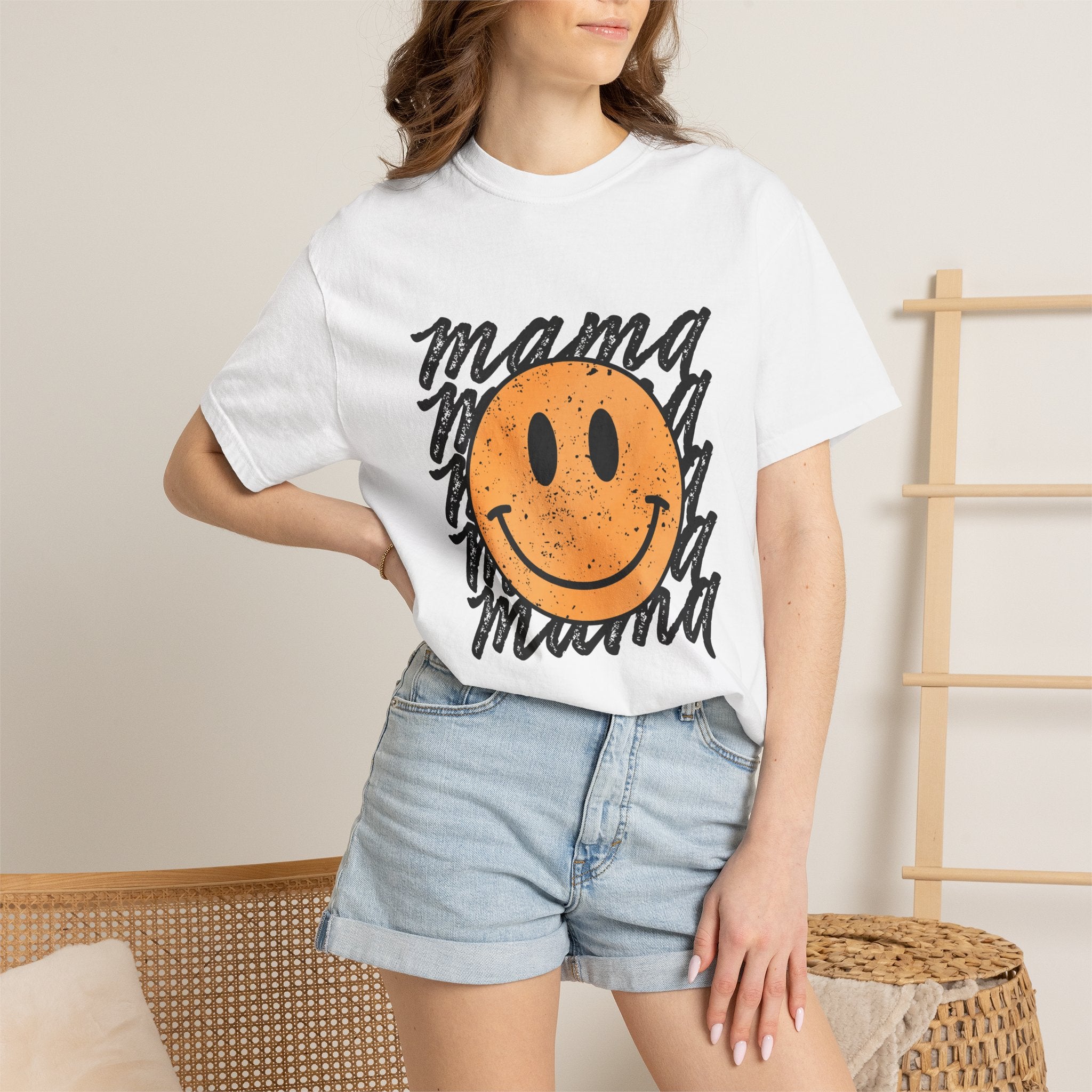 Mama Smiley T-Shirt — Retro Distressed Smiley Face Graphic for Moms