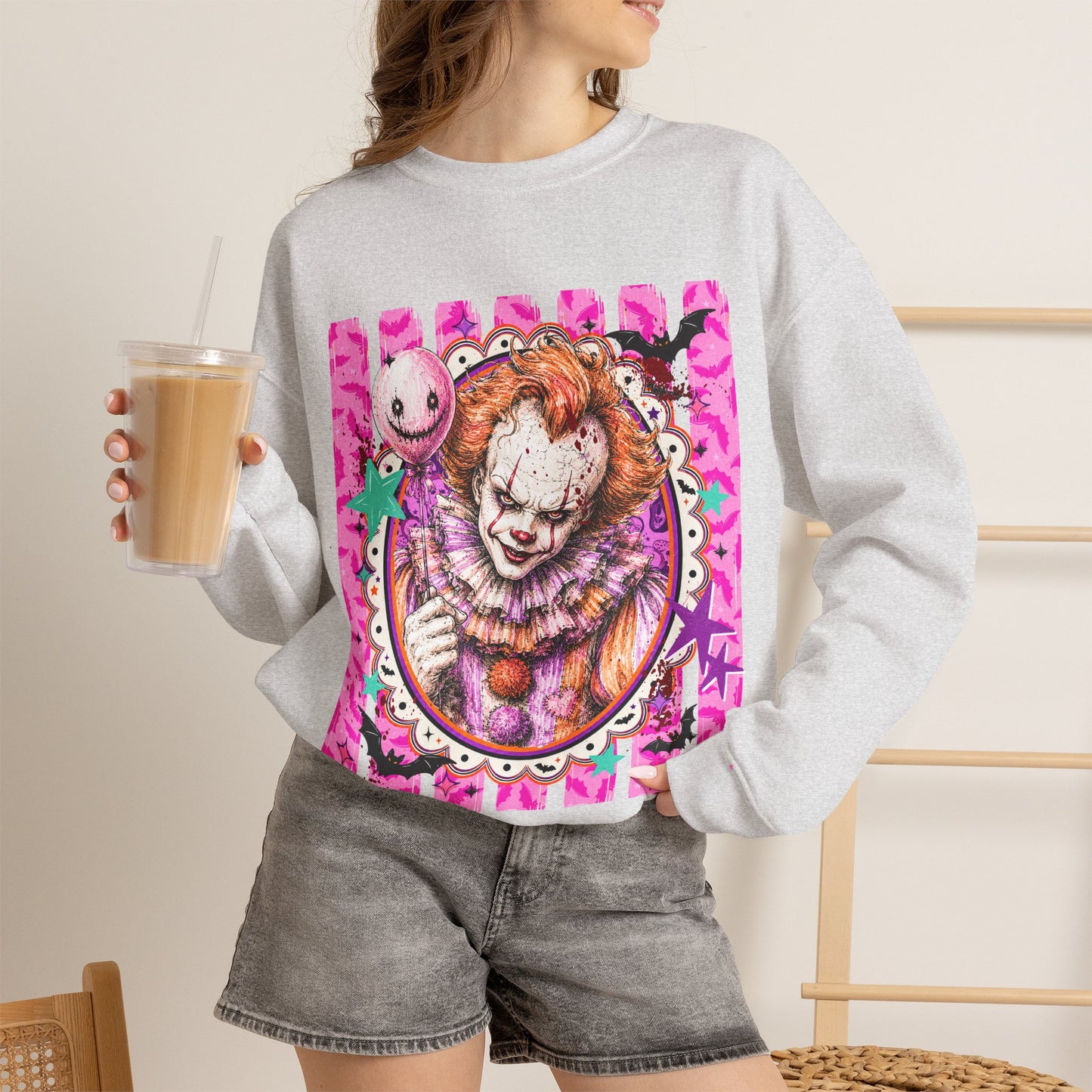 Creepy Carnival Clown Sweatshirt — Pink Horror Portrait Crewneck