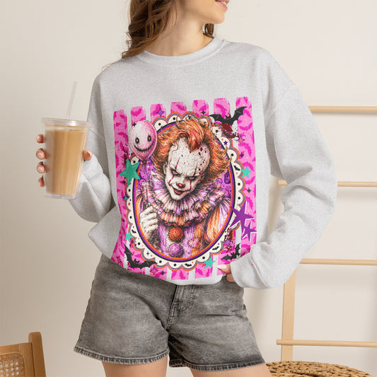 Creepy Carnival Clown Sweatshirt — Pink Horror Portrait Crewneck