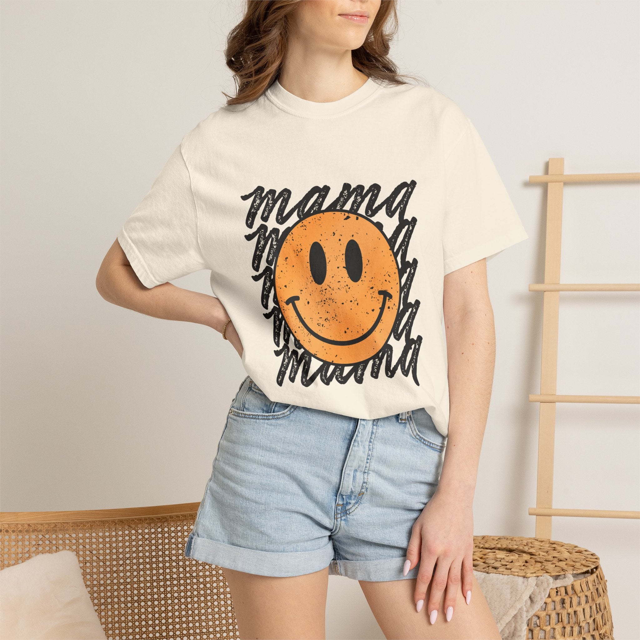 Mama Smiley T-Shirt — Retro Distressed Smiley Face Graphic for Moms