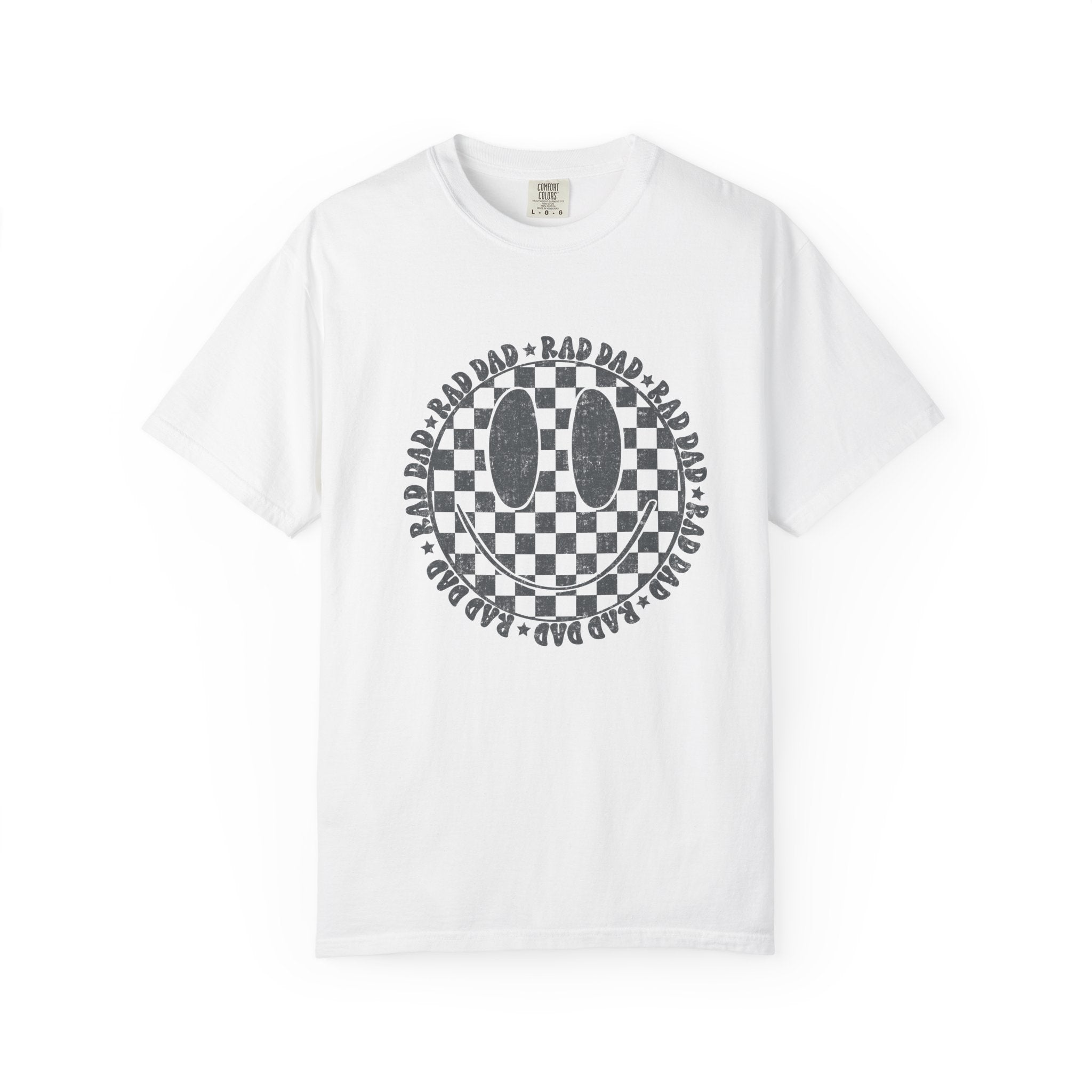 Dad Smiley Checkerboard T-Shirt — 'RAD DAD' Retro Graphic Tee