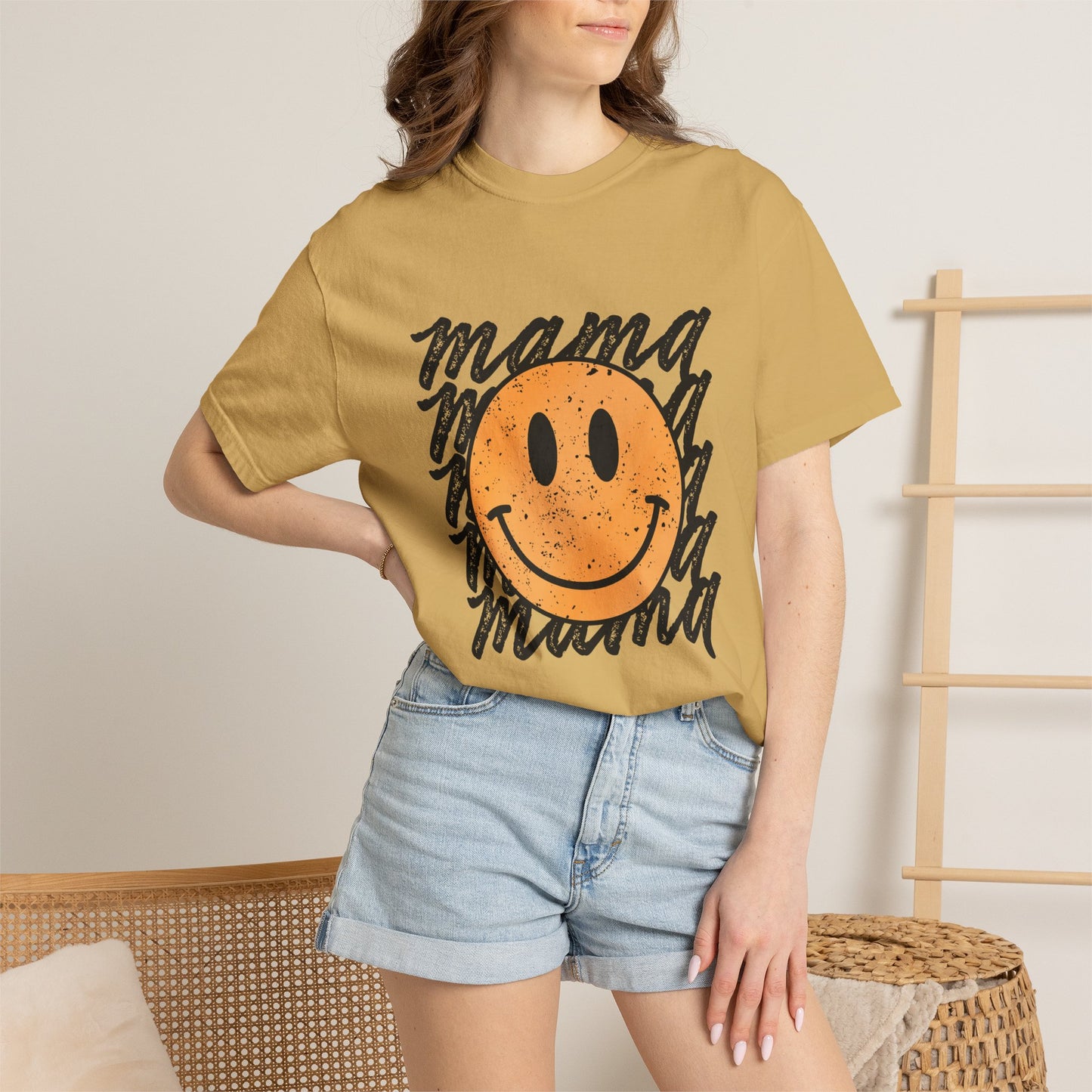 Mama Smiley T-Shirt — Retro Distressed Smiley Face Graphic for Moms