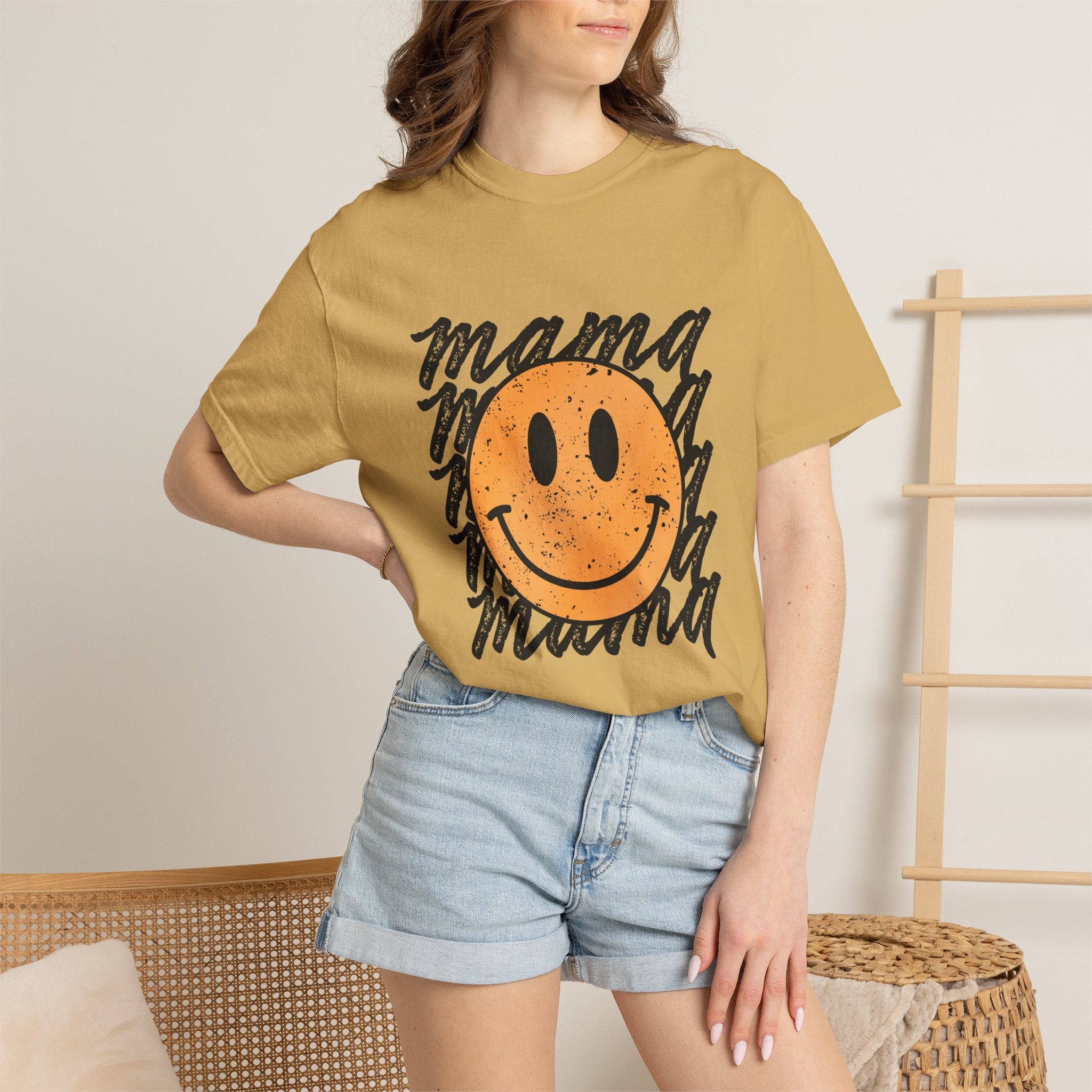 Mama Smiley T-Shirt — Retro Distressed Smiley Face Graphic for Moms