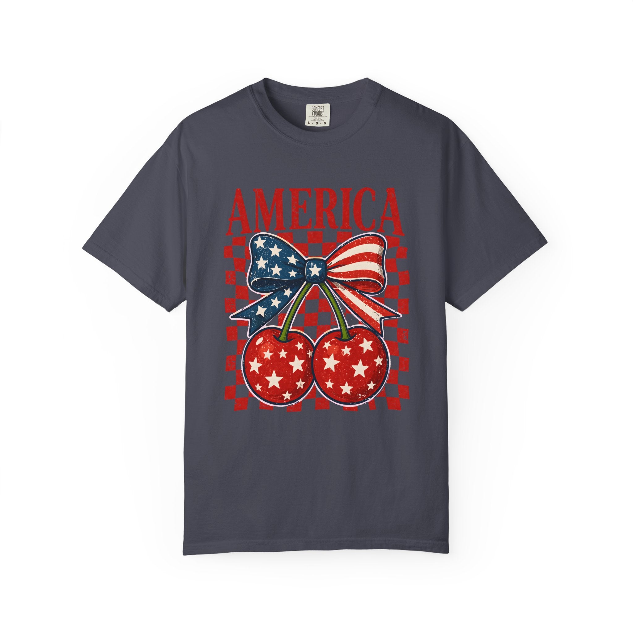 America Cherry Graphic T-Shirt — Patriotic USA Bow & Stars Fourth of July Tee
