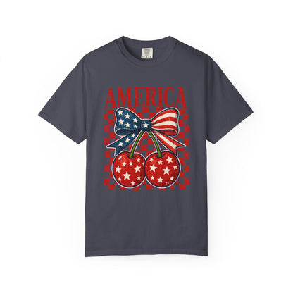 America Cherry Graphic T-Shirt — Patriotic USA Bow & Stars Fourth of July Tee