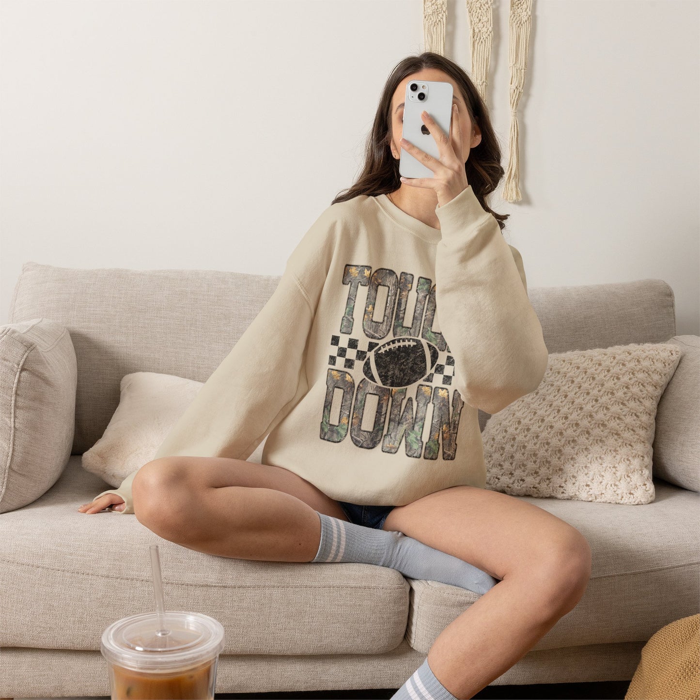 Touchdown Football Crewneck Sweatshirt — Camo Lettering & Checkered Design