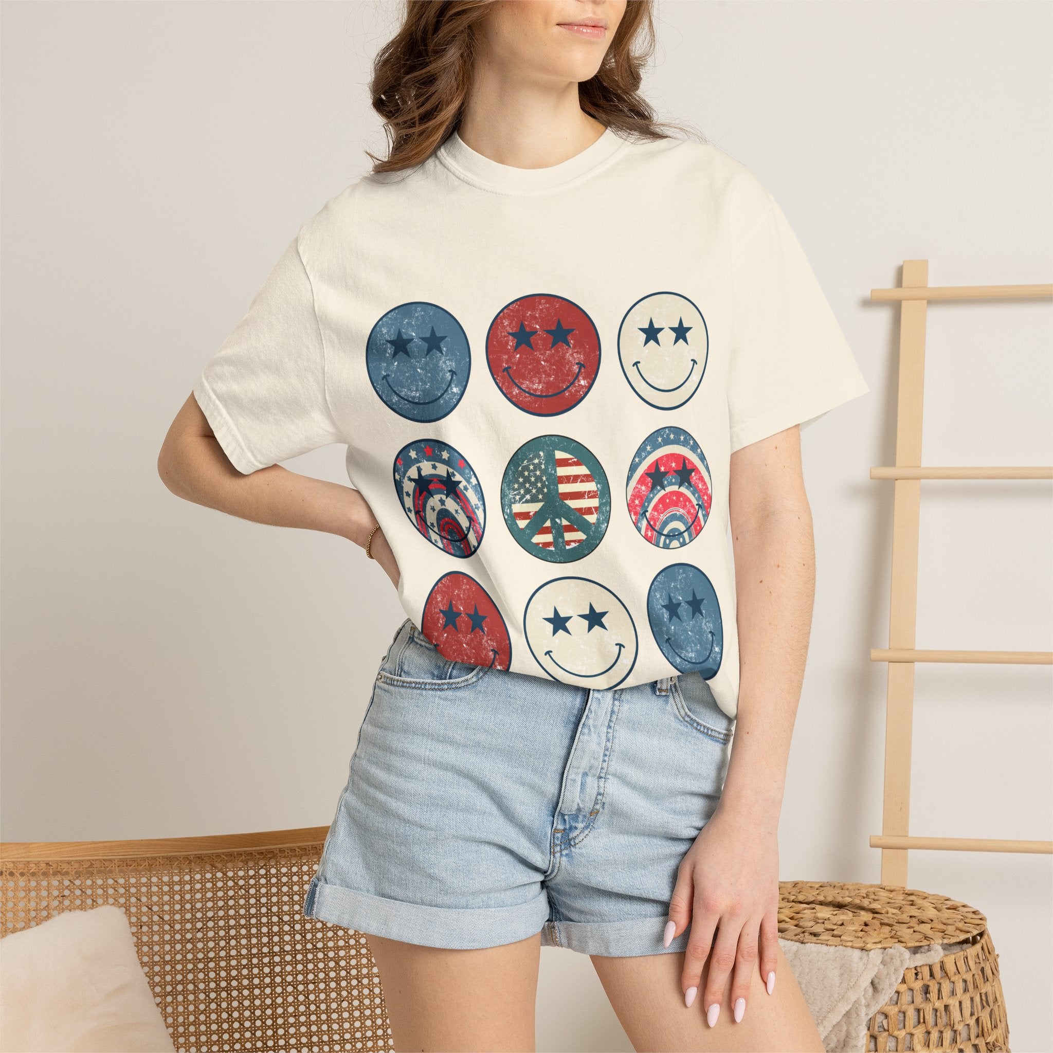 Patriotic Smiley Face T-Shirt — Vintage Americana Stars & Stripes Tee for 4th of July
